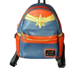 Loungefly x Marvel Captain Marvel Mini Backpack – Blue/Red/Gold Faux Leather, Ha